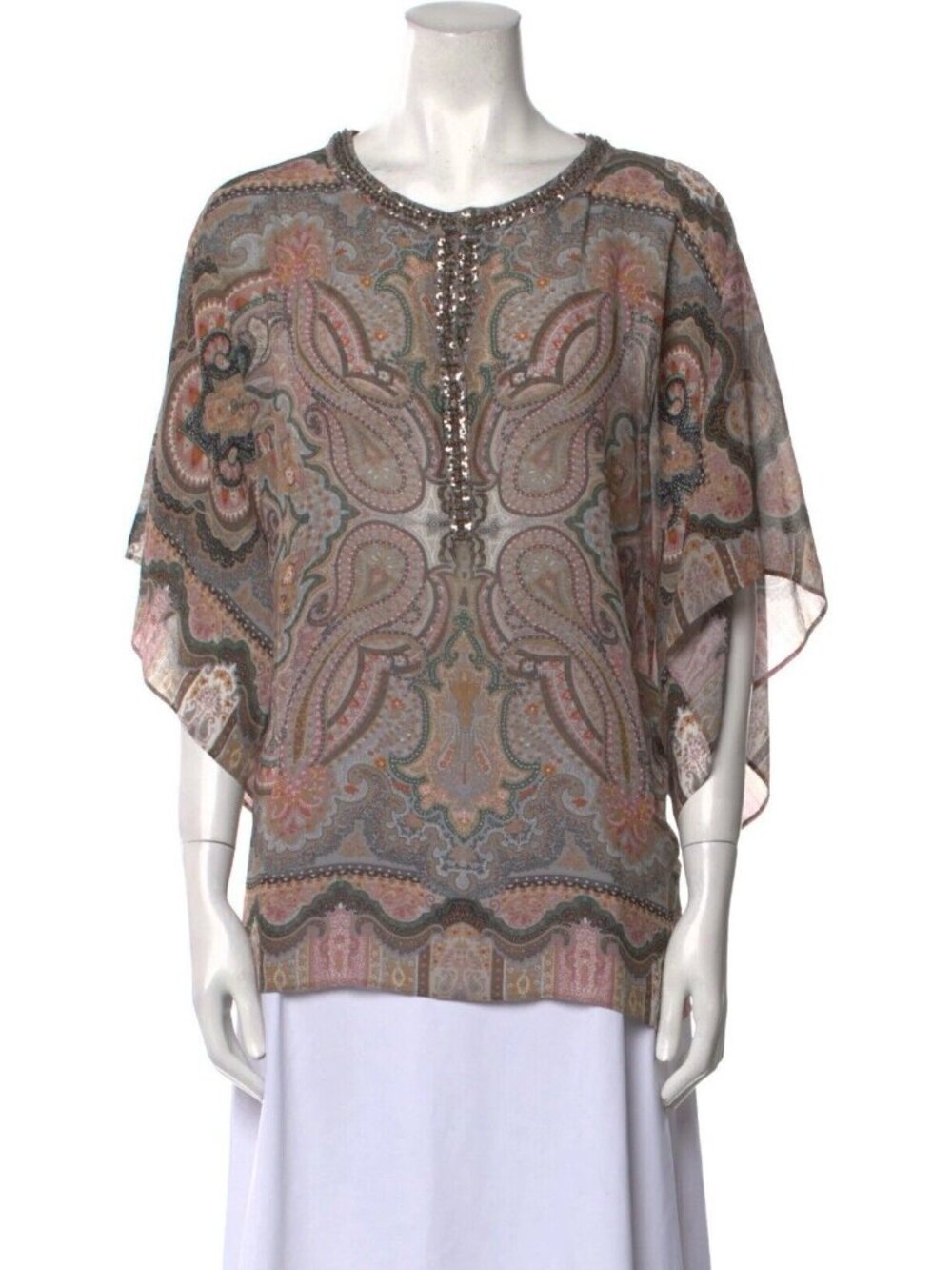 $178 Calypso St. Barth 100% Silk Tunic Top Paisley Semi Sheer Beach Cover M Bead